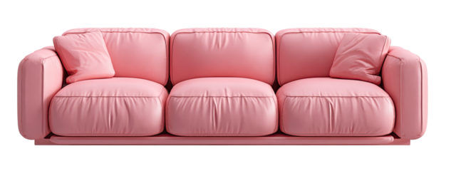 A three-seat, blush-pink sofa with tufted, padded cushions