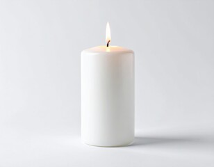Single white pillar candle is burning brightly with a warm orange flame on a clean white background, providing soft light.
