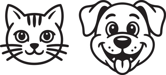 Adorable Cartoon Cat and Dog Faces in Black and White Outline