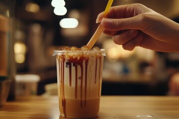 A hand reaches for a caramel iced drink, dripping with caramel sauce, on a wooden table.