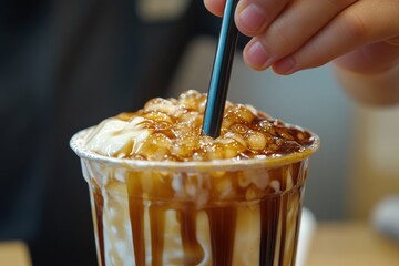 A close-up view of a cold beverage with caramel topping, ice, and a black straw.