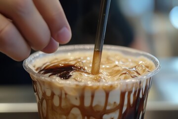 Iced coffee drink with chocolate syrup drizzled over top, stirred by hand, ready to be consumed.