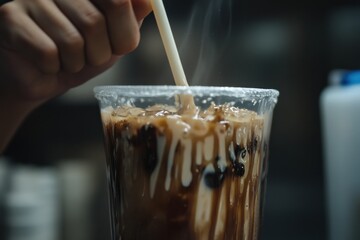 A hand holds a straw to a glass of iced chocolate drink, showing swirling textures and condensation.