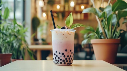 Refreshing bubble tea drink in a plastic cup, garnished with leaves and berries, displayed on a light-colored surface, with blurred plants in the background.