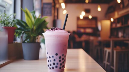A vibrant pink bubble tea drink stands on a light wooden table, surrounded by greenery and a cafe setting.