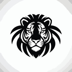 Stylized black and white graphic of a fierce lion head with a majestic mane.