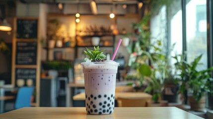 A vibrant purple bubble tea drink sits on a light wooden table in a cafe setting, garnished with greenery.