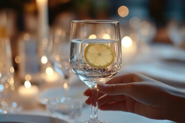 A glass of sparkling water with lemon slice, held by a hand, at a subtly lit dinner table.