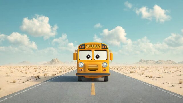 Cute cartoon yellow school bus with big eyes driving on desert highway road under blue sky with white clouds