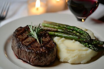 A delectable plate of grilled steak, roasted asparagus, and creamy mashed potatoes, beautifully presented for a romantic dinner.