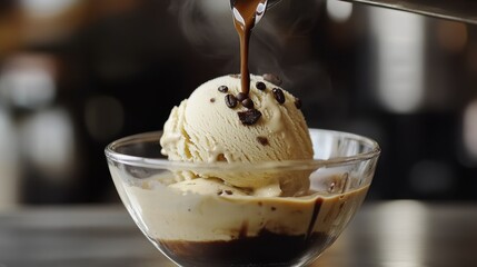 Creamy vanilla ice cream scoop with hot espresso poured over, topped with coffee beans.