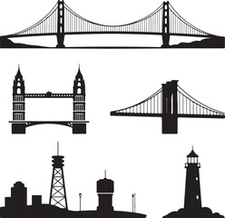 Obraz premium Iconic Bridges and City Silhouettes: A Collection of Architectural Landmarks