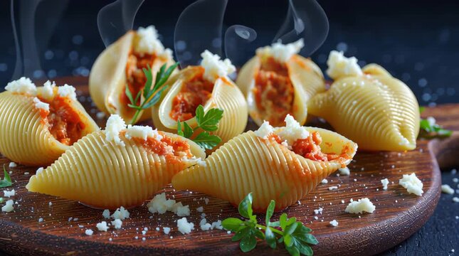 Steaming stuffed pasta shells arranged on a wooden board, garnished with herbs and cheese, showcasing a mouthwatering culinary delight