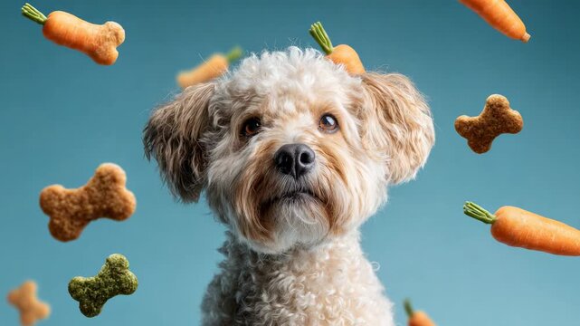 Cute curly dog looking up with flying treats and carrots around on blue background in playful pet concept