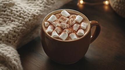 A warm, inviting mug of hot chocolate, topped with fluffy marshmallows and cocoa powder, sits on a wooden surface, nestled beside a soft knitted blanket.