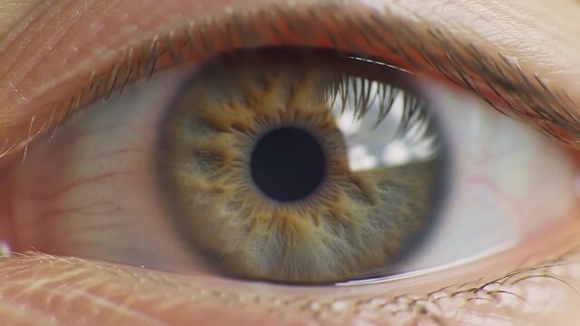A macro shot of a human eye, green iris, looking directly into the camera. The eye is reflected in a single tear that is welling up but has not yet fallen. The details of the iris and eyelashes are ex