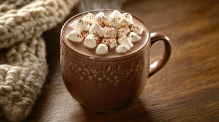 A warm, comforting mug of hot chocolate, topped with fluffy marshmallows and cocoa powder, sits on a wooden surface, accompanied by a cozy knitted scarf.