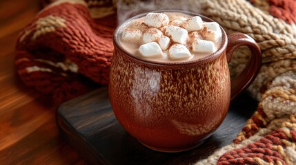 A warm mug of steaming hot chocolate, topped with fluffy marshmallows and a sprinkle of cinnamon, sits invitingly on a dark wooden surface, surrounded by a cozy autumnal scarf.