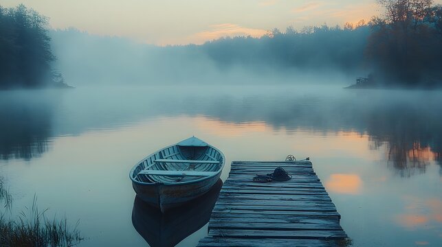 An atmospheric, moody scene of an old boat moored at a weathered wooden dock on a misty lake at dawn, with soft light and reflections - Powered by Adobe