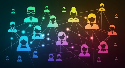 Colorful icons of diverse people connected in a vast digital network, symbolizing community, communication, and social connections.
