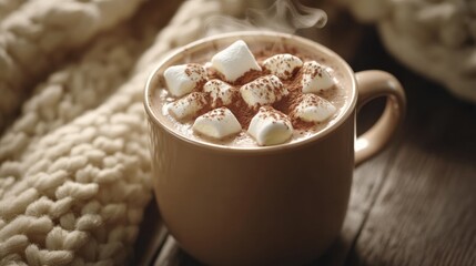 A warm, comforting mug of hot chocolate topped with fluffy marshmallows and cocoa powder, resting on a wooden surface beside a soft knitted blanket.