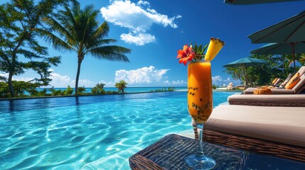 A vibrant tropical cocktail sits by the poolside, bathed in sunlight, featuring a serene beach view and luxurious lounge chairs.