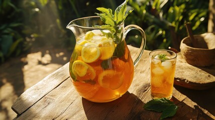 A large glass pitcher and a stemmed glass filled with refreshing iced tea, garnished with fresh mint and citrus fruits, sits on a weathered wooden table outdoors.