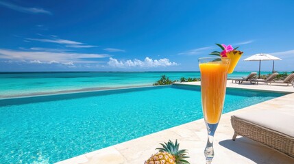 Tropical paradise poolside scene featuring a refreshing drink and stunning ocean views.