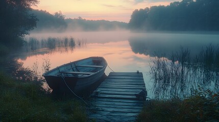An atmospheric, moody scene of an old boat moored at a weathered wooden dock on a misty lake at dawn, with soft light and reflections