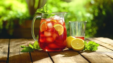 A refreshing glass pitcher of iced tea, garnished with fresh mint and lemon slices, sits on a rustic wooden table outdoors, bathed in sunlight.