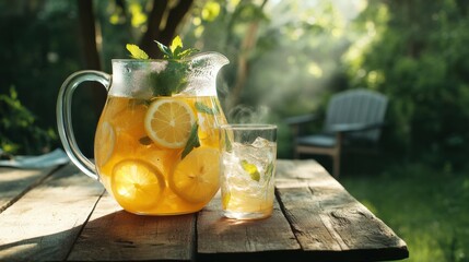A glass pitcher of refreshing iced tea with lemon slices and mint sits on a rustic wooden table outdoors, bathed in sunlight.