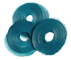 Teal, swirling, circular forms, overlapping