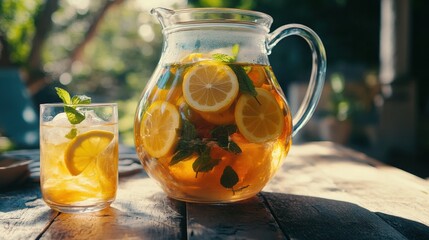 A refreshing iced tea beverage, brimming with fresh lemon slices and mint, is served in a glass pitcher and a glass.