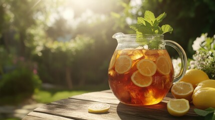 A large glass pitcher of iced tea with lemon slices and fresh mint sits on a rustic wooden table outdoors in the sunlight.