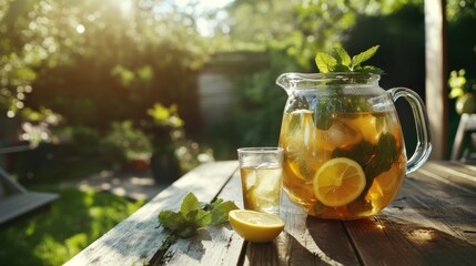 Refreshing iced tea in a glass pitcher, garnished with fresh mint and lemon slices, sits on a weathered wooden table outdoors on a bright sunny day.