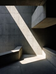 Minimalist concrete interior with dramatic diagonal sunlight casting strong shadows across the textured walls and surfaces