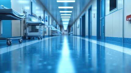 Fototapeta premium Long, bright hospital corridor with sterile blue floors.