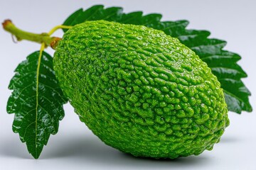 Close-up of a single, vibrant green avocado with leaves