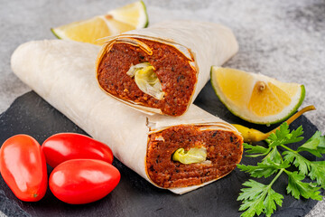 Traditional turkish food cigkofte. Cigkofte wrap.