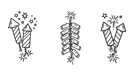 Outline Set 3 Icons, Black on White, Doodle, Different fireworks