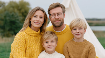 Fototapeta premium Happy family of four wearing cozy sweaters posing outdoors near white tent with natural green background, expressing warmth and togetherness in serene setting