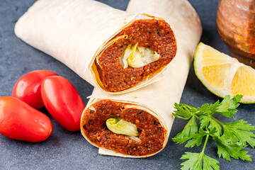 Traditional turkish food cigkofte. Cigkofte wrap.