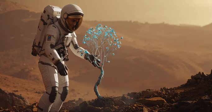 Scanning horizon astronaut spotting blue-leafed sapling on Martian plain, cradling fragile plant