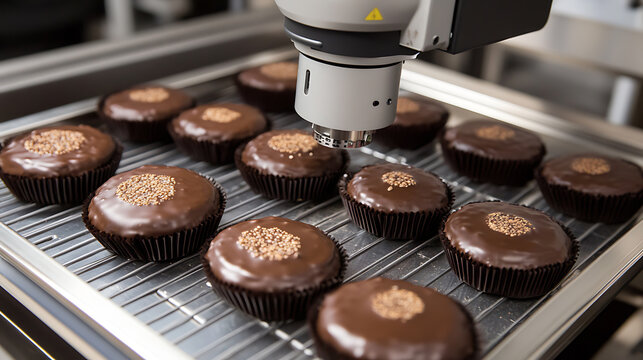 Automated Machine Dispensing Toppings on Chocolate Cupcakes