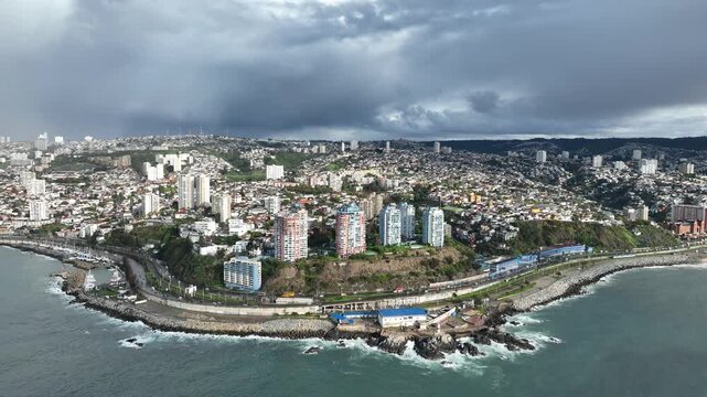 Vina del Mar in Chile with a rainbow. Beautiful aerial image of the coastline.