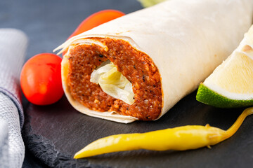 Traditional turkish food cigkofte. Cigkofte wrap.
