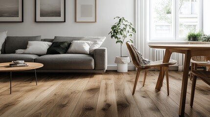 Modern living room with gray sofa, wooden floor, and dining area