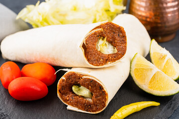 Traditional turkish food cigkofte. Cigkofte wrap.