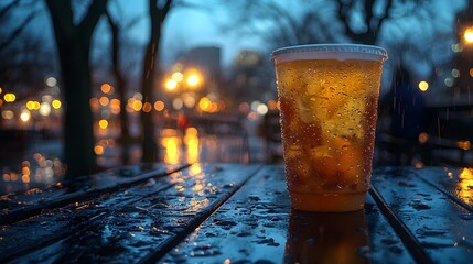 A discarded fast-food meal with a steaming drink and food wrapper left on a wet, rustic picnic table at dusk in a park