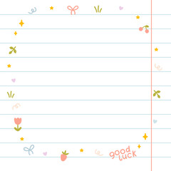 Cute kawaii template square vector frame, lined notebook sheet with margins. Cartoon hand-drawn doodle style. Perfect for stationery, design stickers for notes, notebook sheets, for social networks.